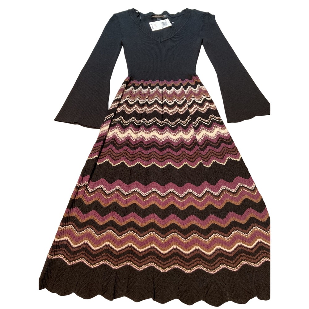 CHRISmCLAUGHLIN‎ Black Knit Bell Sleeve V Neck Chevron Maxi Dress XS